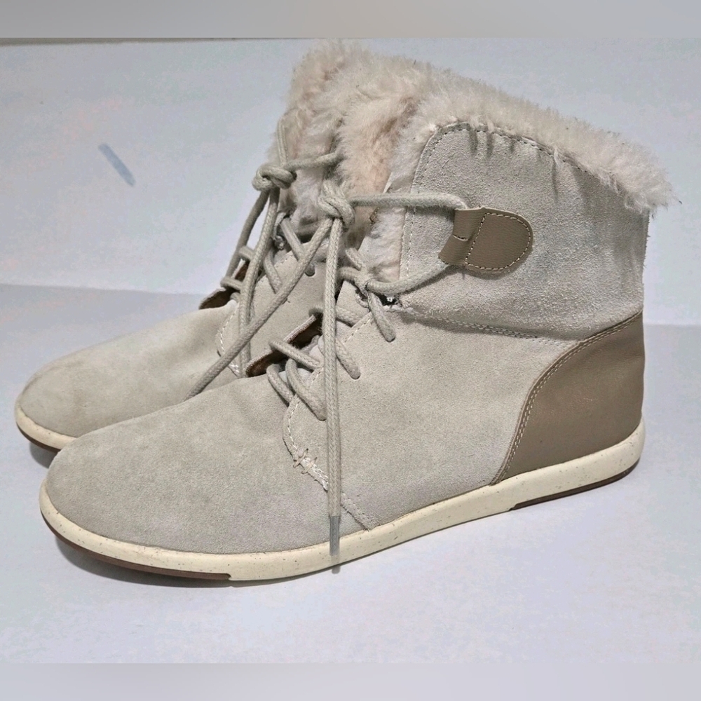 Emu Australia Women's Fur Lined Suede Ankle Boots Beige And Tan Lace-Up Size 9